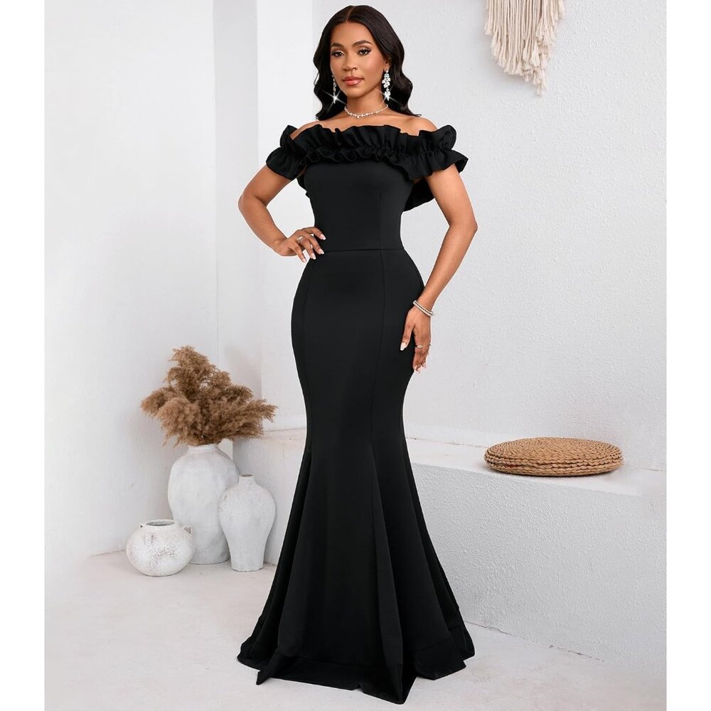 Women's Black Cololura Sexy Floor-Length Off Shoulder Ruffles Stringy Selvedge - Picture 3 of 8